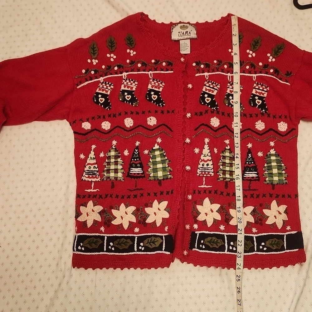 Tiara International Xmas theme applique cotton cardigan sz L